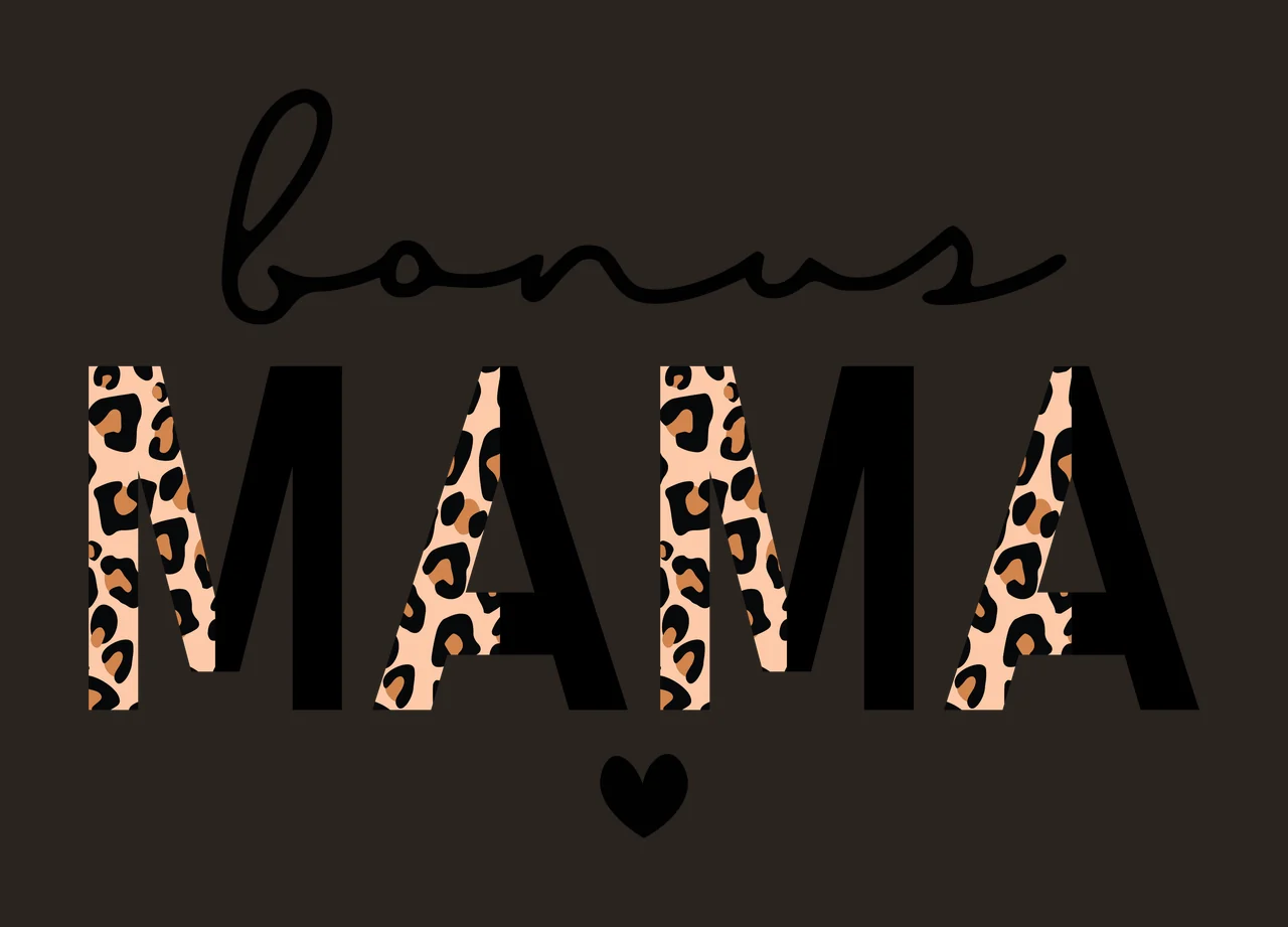 Bonus MAMA Typography Design with bonus cursive text, MAMA block letters, leopard print pattern and small heart icon in black, tan and brown contrast preview thumbnail
