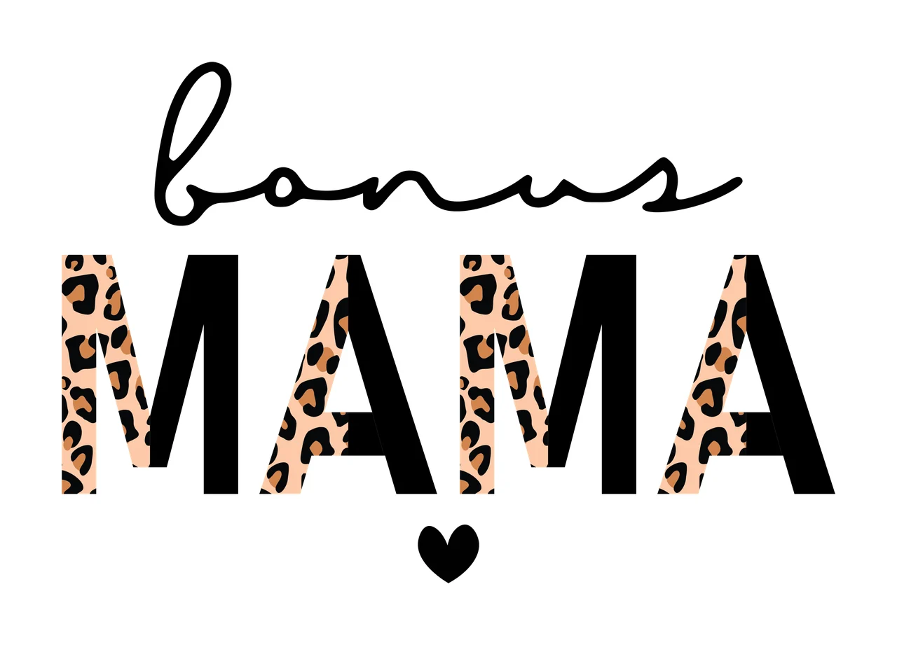 Bonus MAMA Typography Design with bonus cursive text, MAMA block letters, leopard print pattern and small heart icon in black, tan and brown