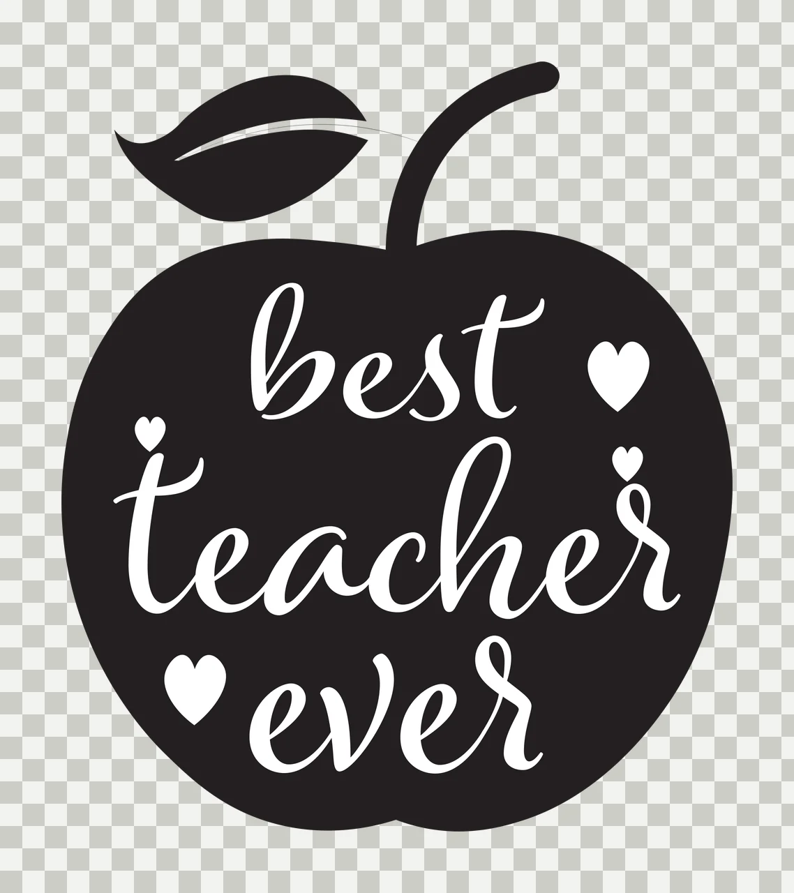 Best teacher ever apple silhouette Design with leaf, stem, heart shapes and cursive text in black and white transparency and detail preview thumbnail
