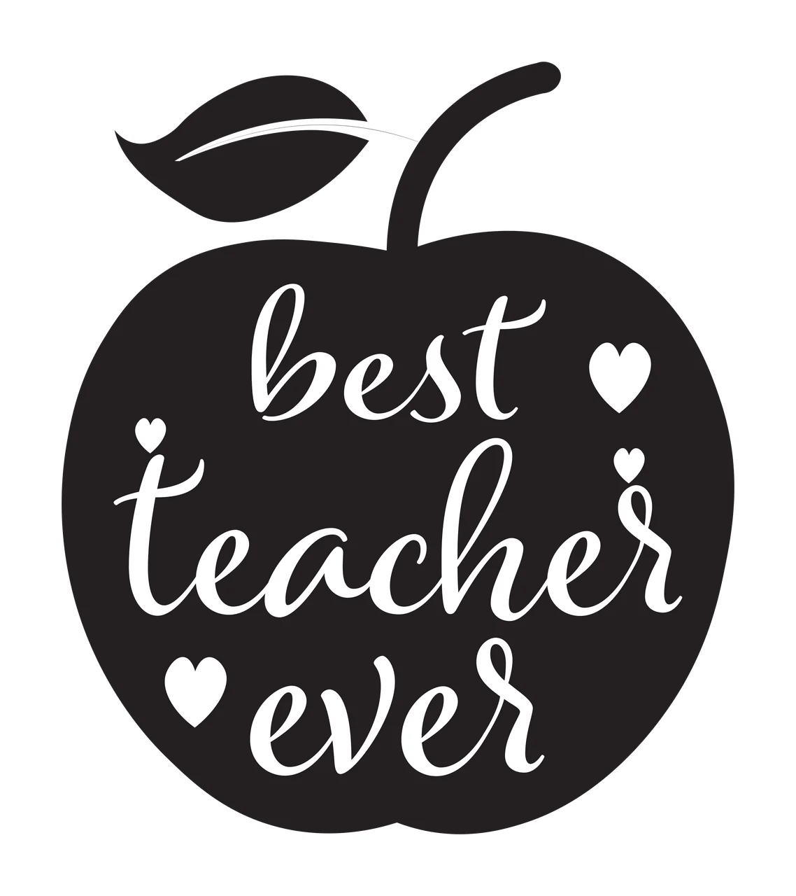 Best teacher ever apple silhouette Design with leaf, stem, heart shapes and cursive text in black and white