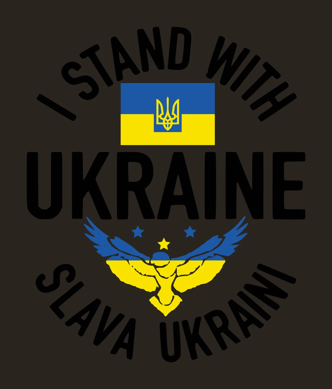 I STAND WITH UKRAINE SLAVA UKRAINI Ukraine support emblem Design with Ukrainian flag, Tryzub coat of arms emblem, flying bird silhouette and stars in blue, yellow and black contrast preview thumbnail