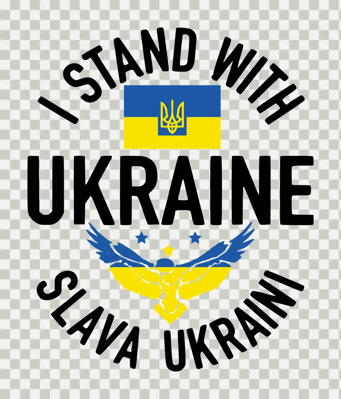 I STAND WITH UKRAINE SLAVA UKRAINI Ukraine support emblem Design with Ukrainian flag, Tryzub coat of arms emblem, flying bird silhouette and stars in blue, yellow and black transparency and detail preview thumbnail