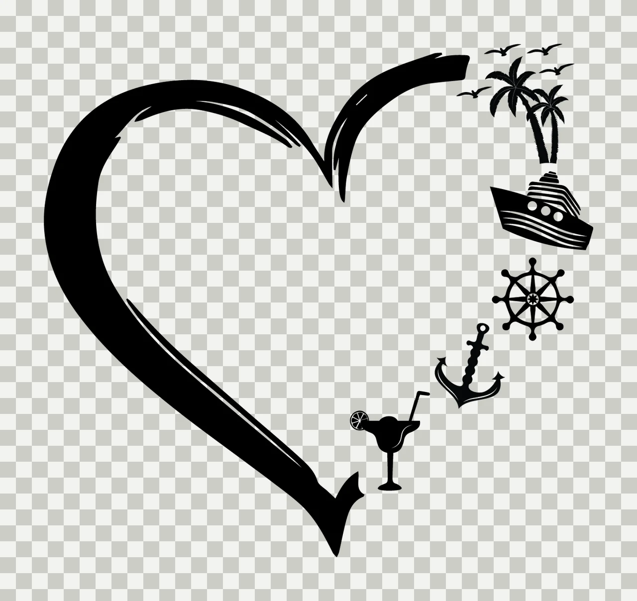 Heart Outline With Nautical Icons Decorating palm trees boat transparency and detail preview thumbnail