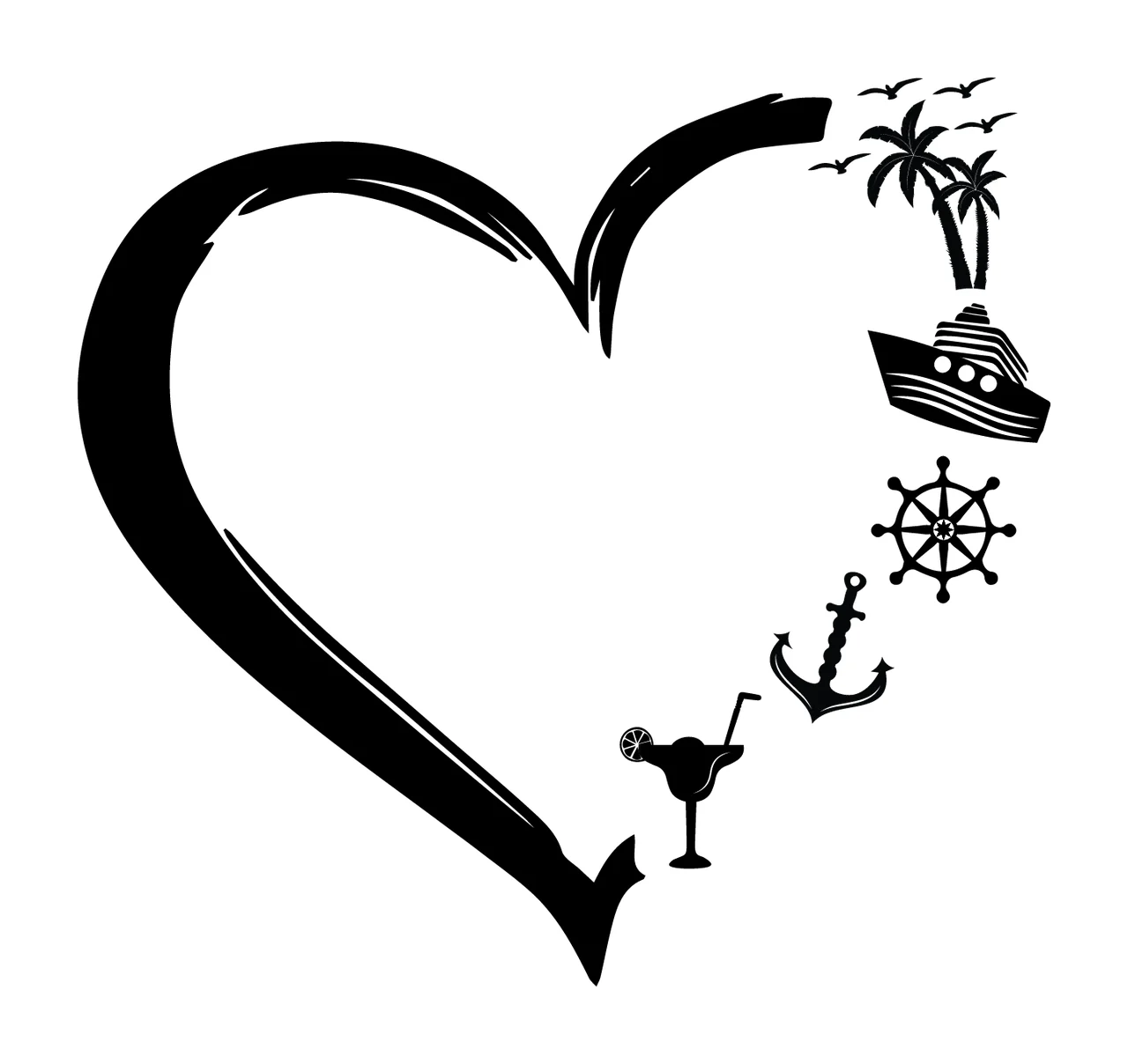 Heart Outline With Nautical Icons Decorating palm trees boat