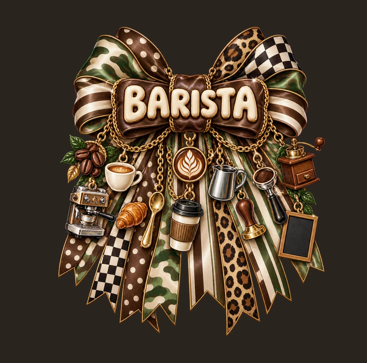 Barista Bow Charm PNG, Gold Chain Charms, Transparent Sublimation Design, Digital Download contrast preview thumbnail