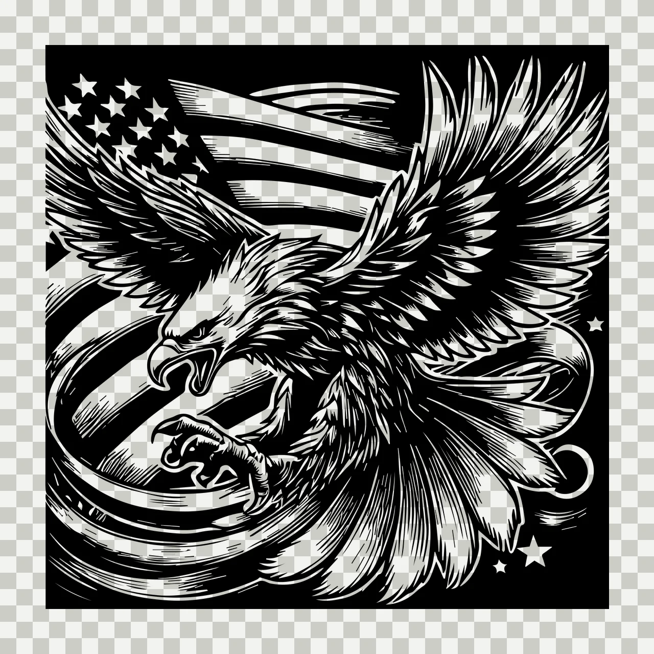Eagle Flag In Flight flying stars engraving black white bird transparency and detail preview thumbnail