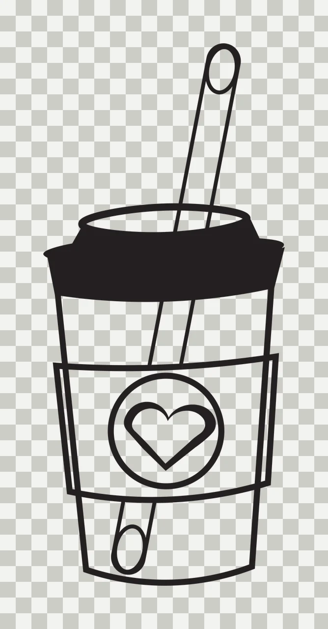 Line Art Illustration of To-go coffee cup with heart logo with black lid, two-straw design, circular heart inside circle and cup body with label band in white transparency and detail preview thumbnail