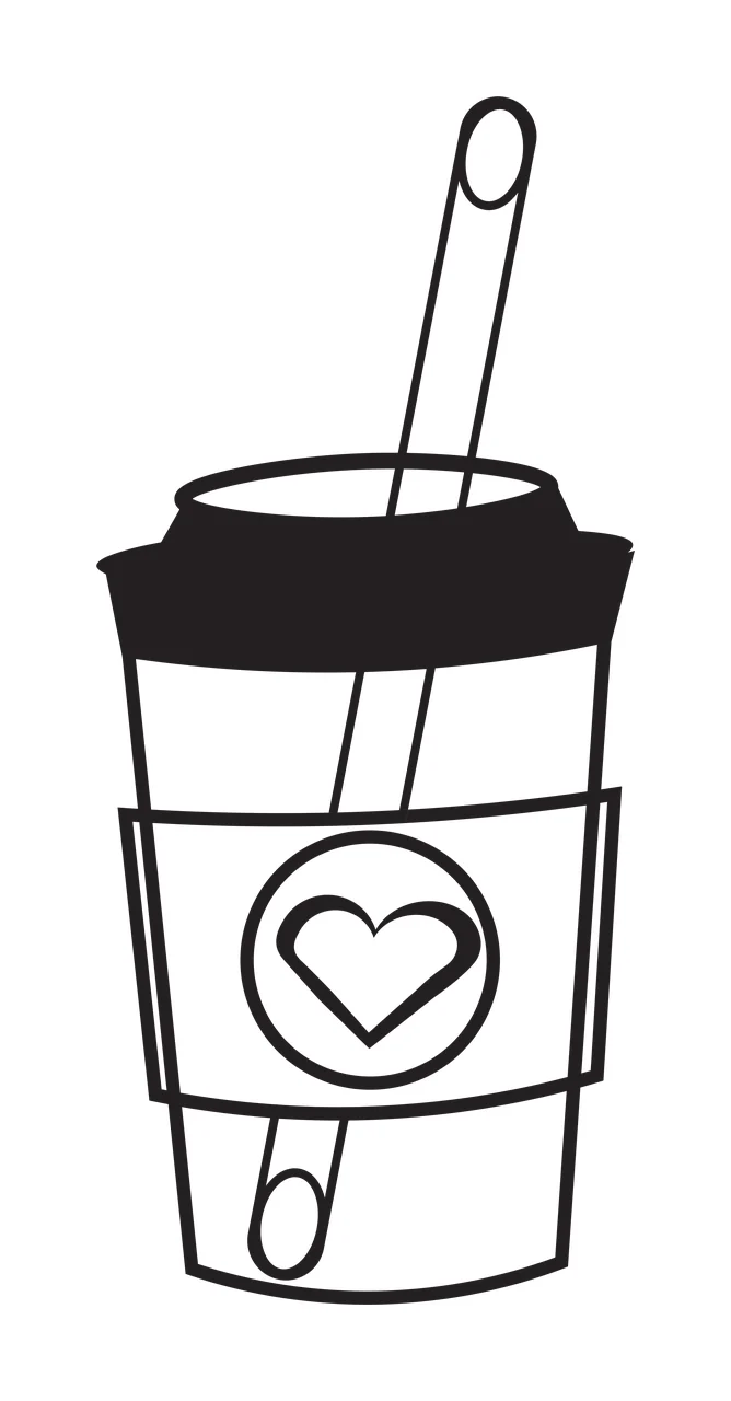 Line Art Illustration of To-go coffee cup with heart logo with black lid, two-straw design, circular heart inside circle and cup body with label band in white