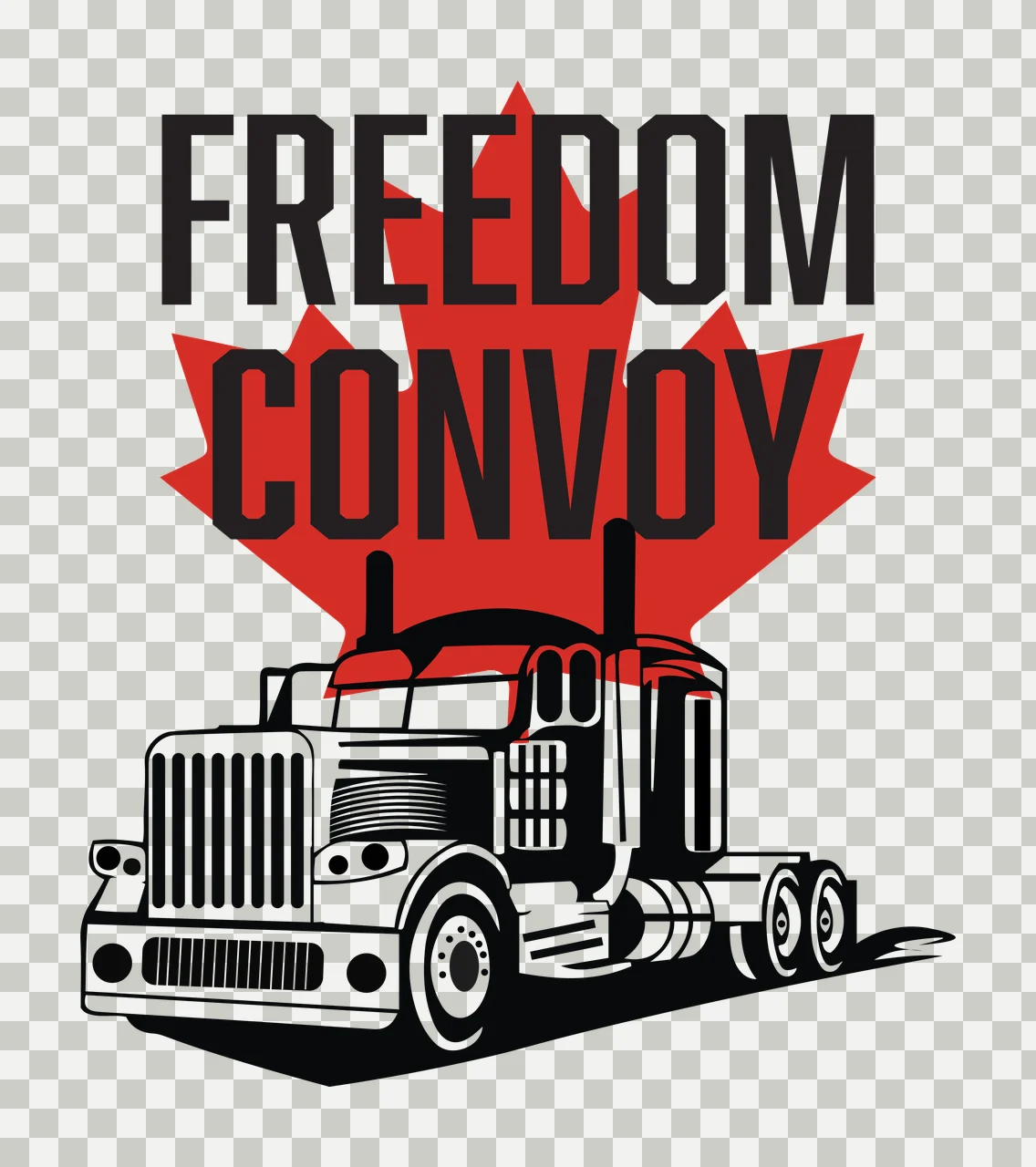 FREEDOM CONVOY Typography Design with black and white semi-truck, red maple leaf and black text 'FREEDOM CONVOY' transparency and detail preview thumbnail