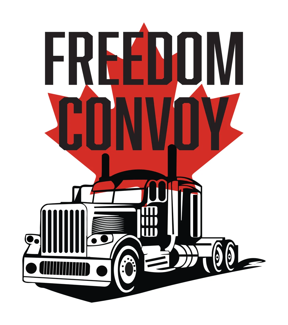 FREEDOM CONVOY Typography Design with black and white semi-truck, red maple leaf and black text 'FREEDOM CONVOY'