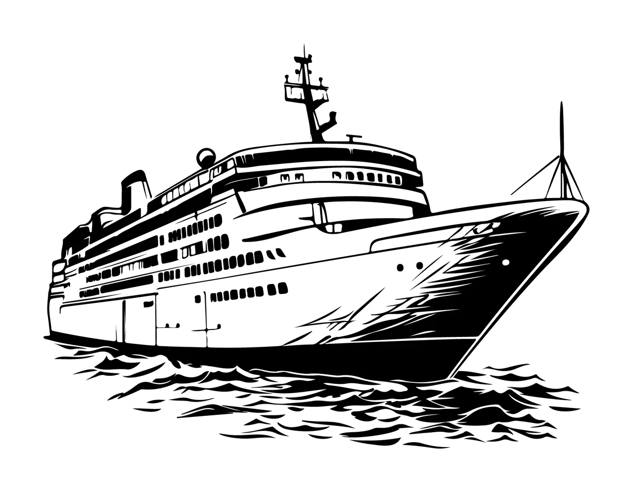 Cruise Ship Large On Water sailing line drawing black white