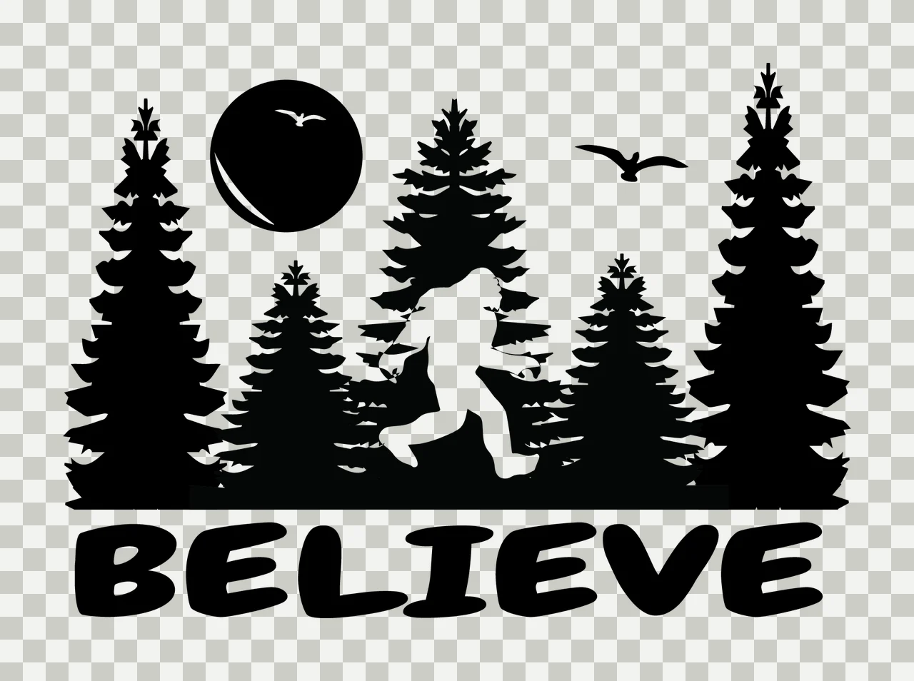 Believe Bigfoot Silhouette Nature Scene walking trees moon transparency and detail preview thumbnail