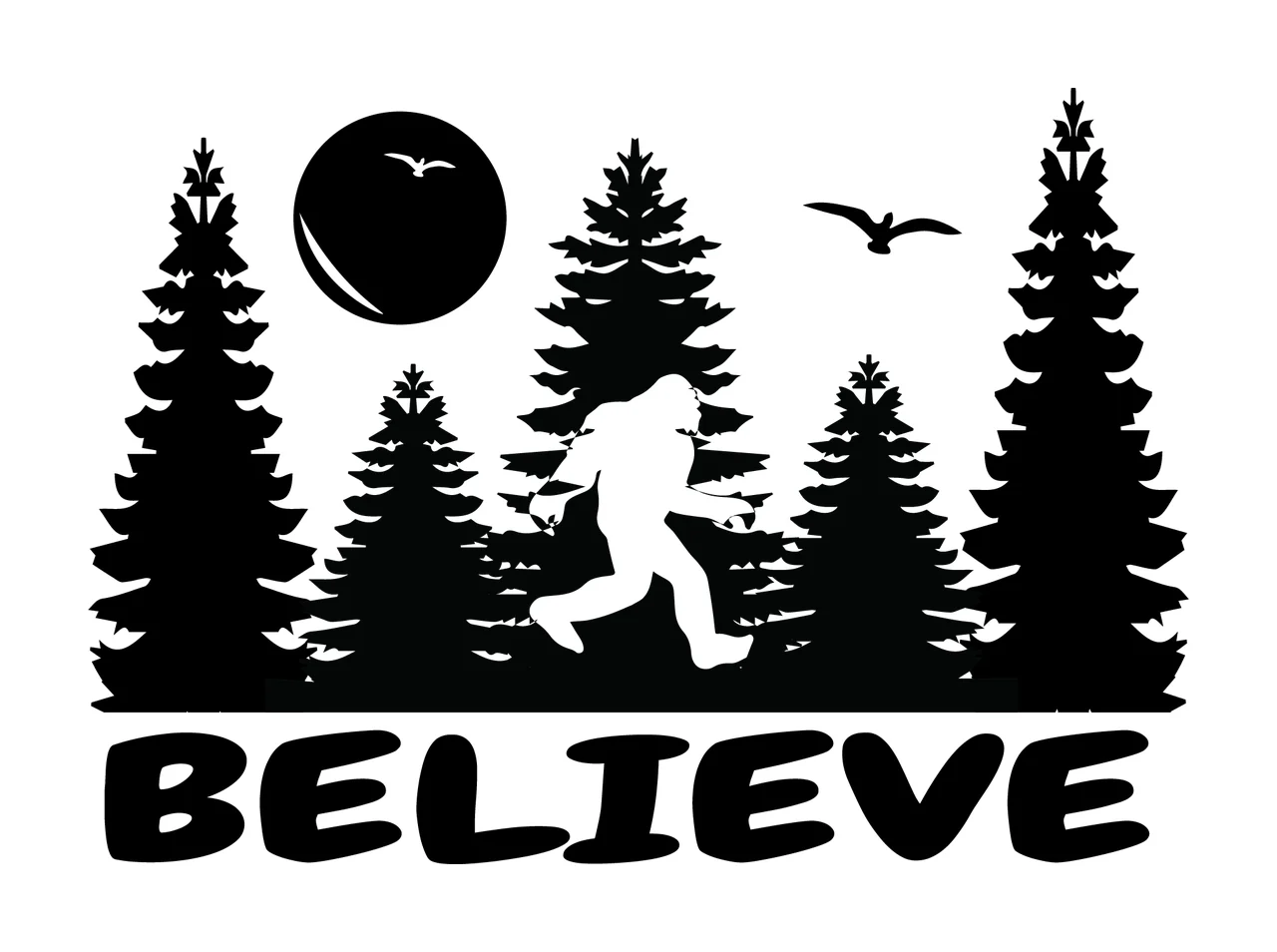 Believe Bigfoot Silhouette Nature Scene walking trees moon