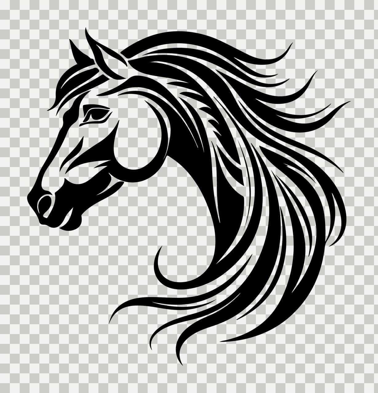 Horse Head Profile Flowing Mane silhouette black white animal transparency and detail preview thumbnail