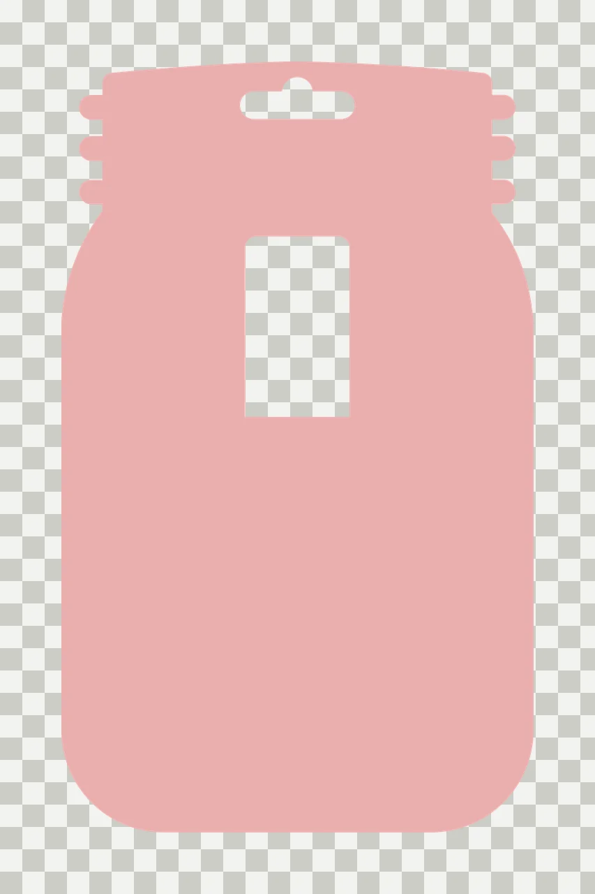 Mason jar silhouette Illustration with mason jar shape, hanging hole slot, center vertical window and threaded neck ridges in dusty rose, pink and white transparency and detail preview thumbnail