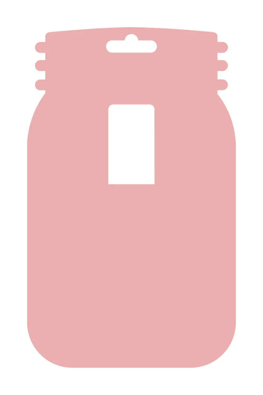 Mason jar silhouette Illustration with mason jar shape, hanging hole slot, center vertical window and threaded neck ridges in dusty rose, pink and white