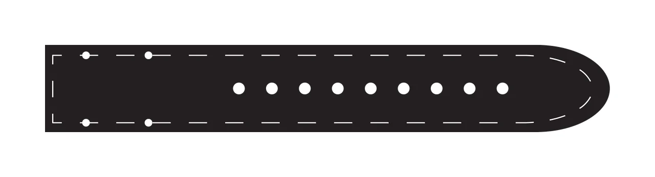 Watch strap Illustration with dashed stitching, adjustment holes, rounded tip and straight end in black and white