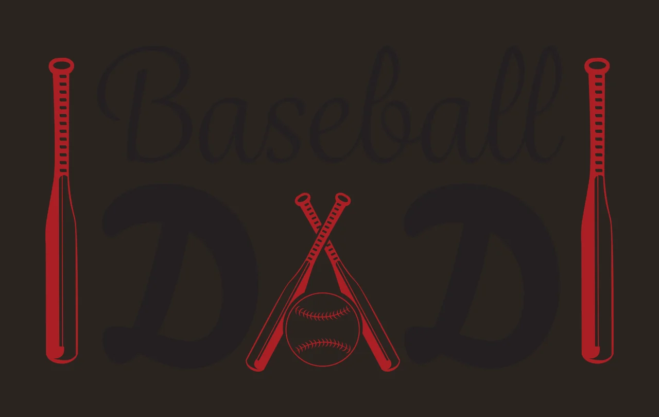 Baseball DAD Typography Design with red bat on left, red bat on right, crossed red bats and black 'Baseball' text in white contrast preview thumbnail