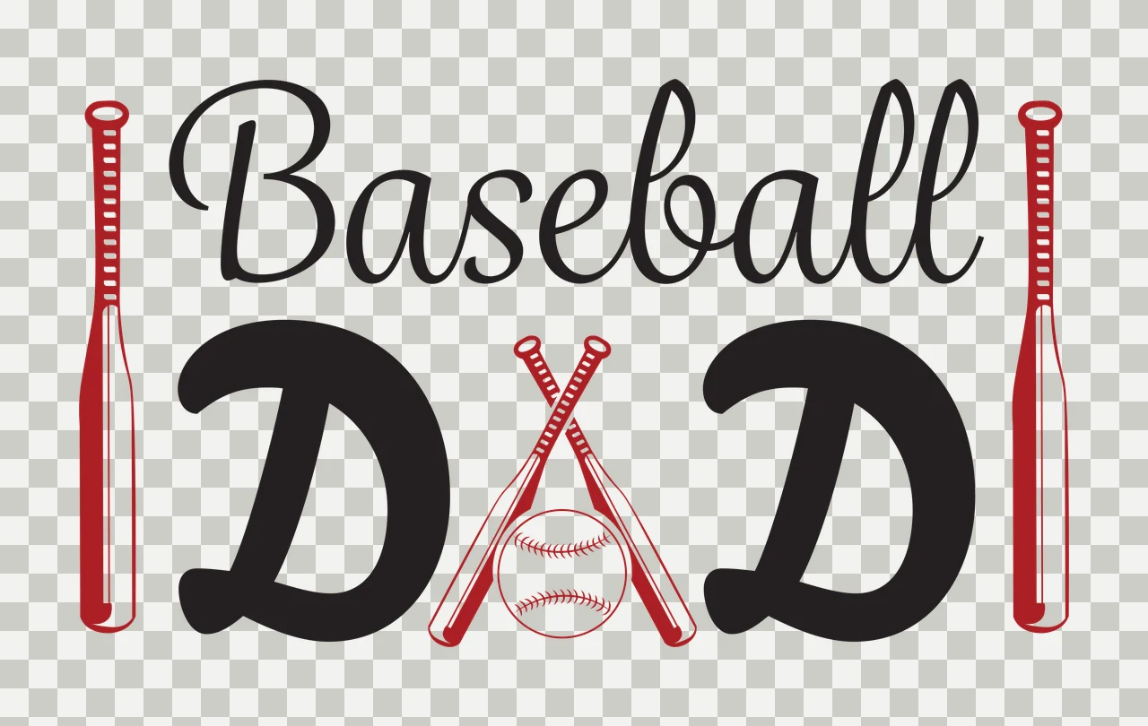 Baseball DAD Typography Design with red bat on left, red bat on right, crossed red bats and black 'Baseball' text in white transparency and detail preview thumbnail