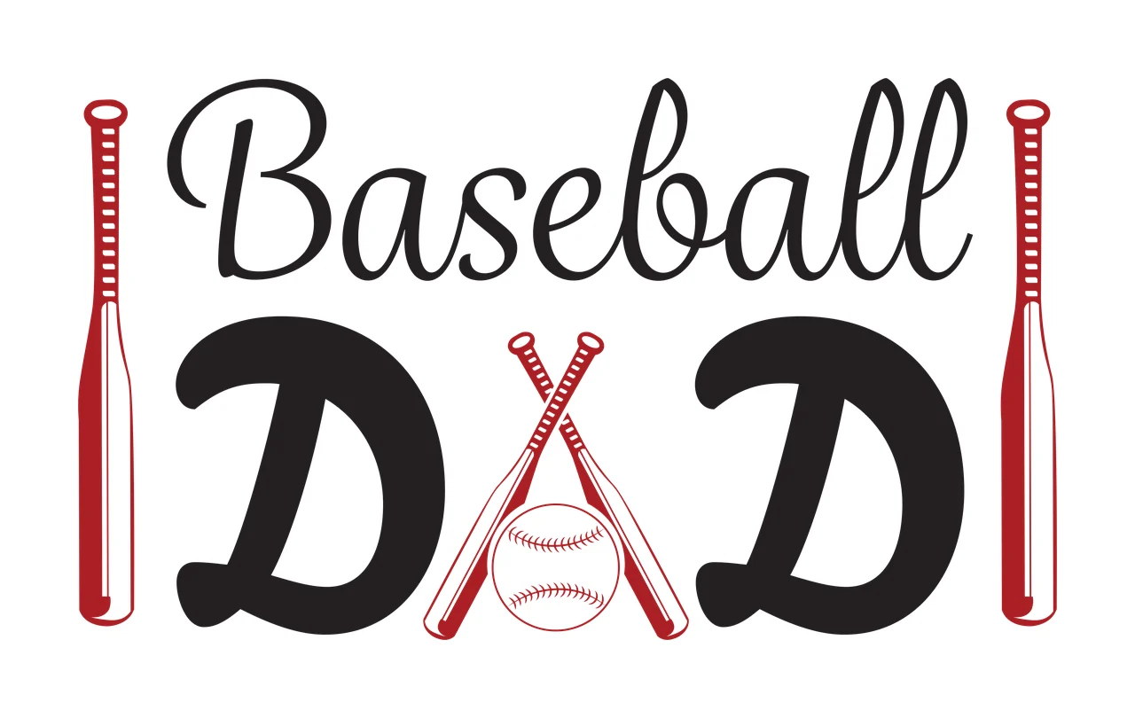 Baseball DAD Typography Design with red bat on left, red bat on right, crossed red bats and black 'Baseball' text in white