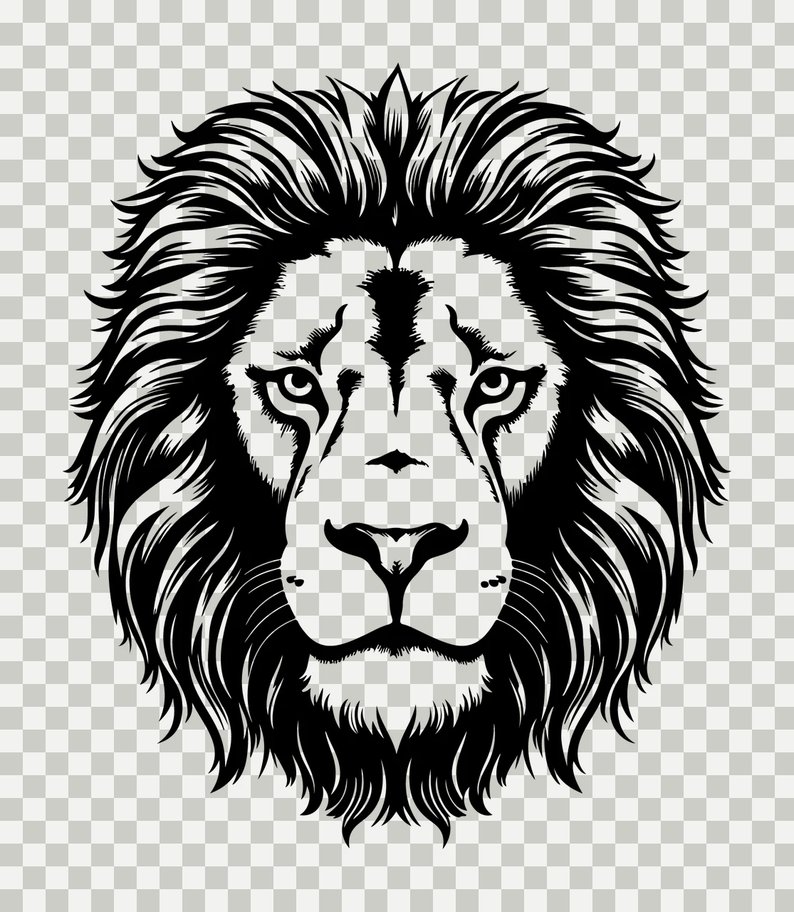 Lion Head Face Black And White Line Drawing facing forward transparency and detail preview thumbnail