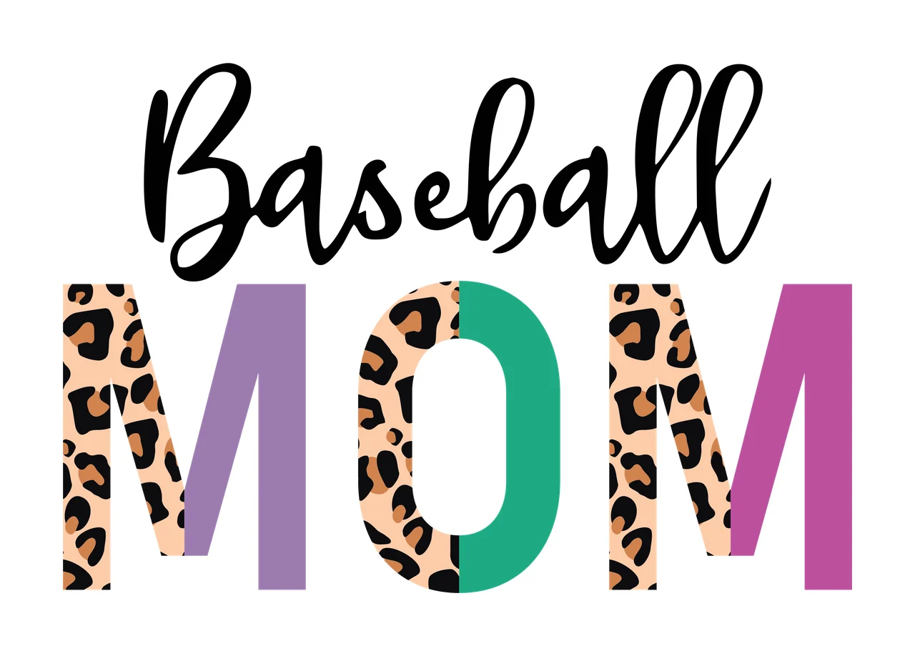 Baseball MOM Typography Design with leopard print, purple letters and teal letter in black, beige and brown