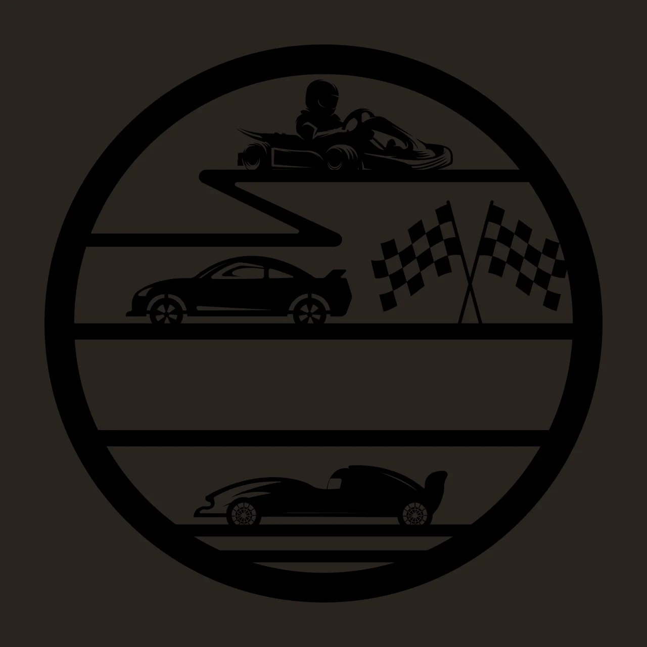 Circular Emblem Featuring Black Silhouettes Of Racing Vehicles go kart contrast preview thumbnail