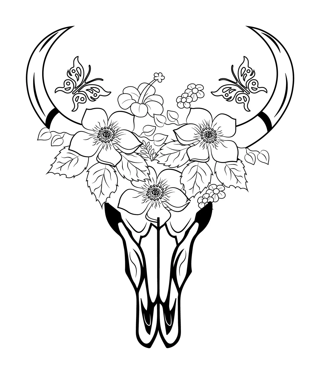 Cattle Skull With Flowers And Butterflies adorned line drawing