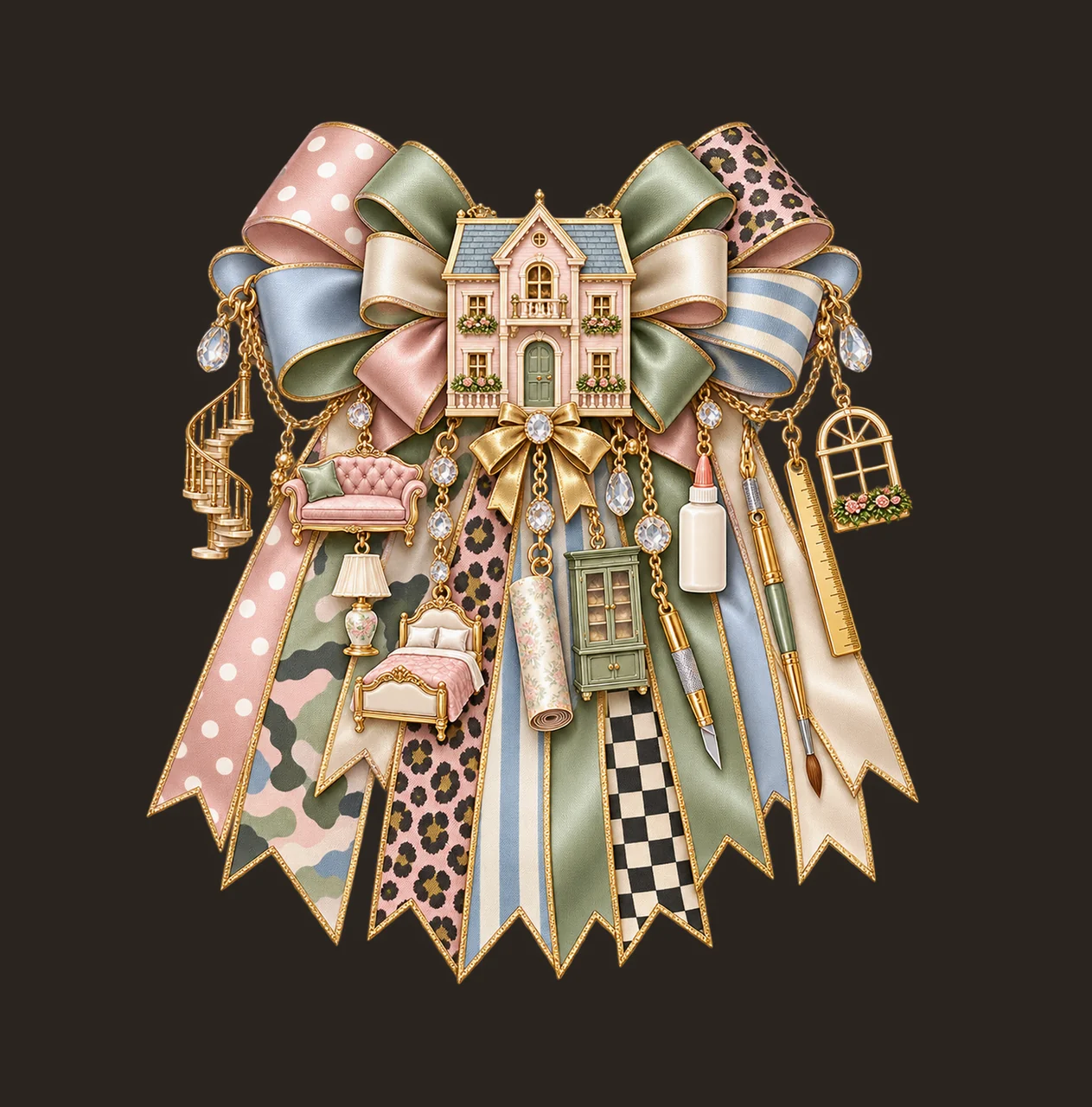 Dollhouse Maker Bow Charm PNG, Gold Chain Charms, Transparent Sublimation Design, Digital Download contrast preview thumbnail
