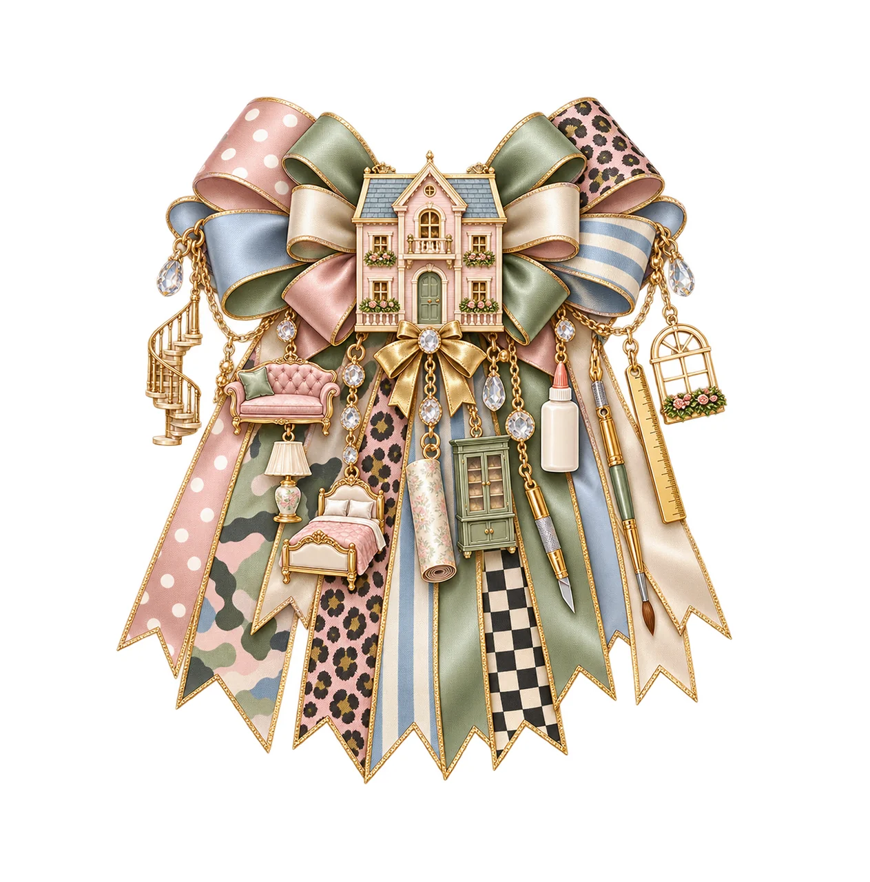 Dollhouse Maker Bow Charm PNG, Gold Chain Charms, Transparent Sublimation Design, Digital Download