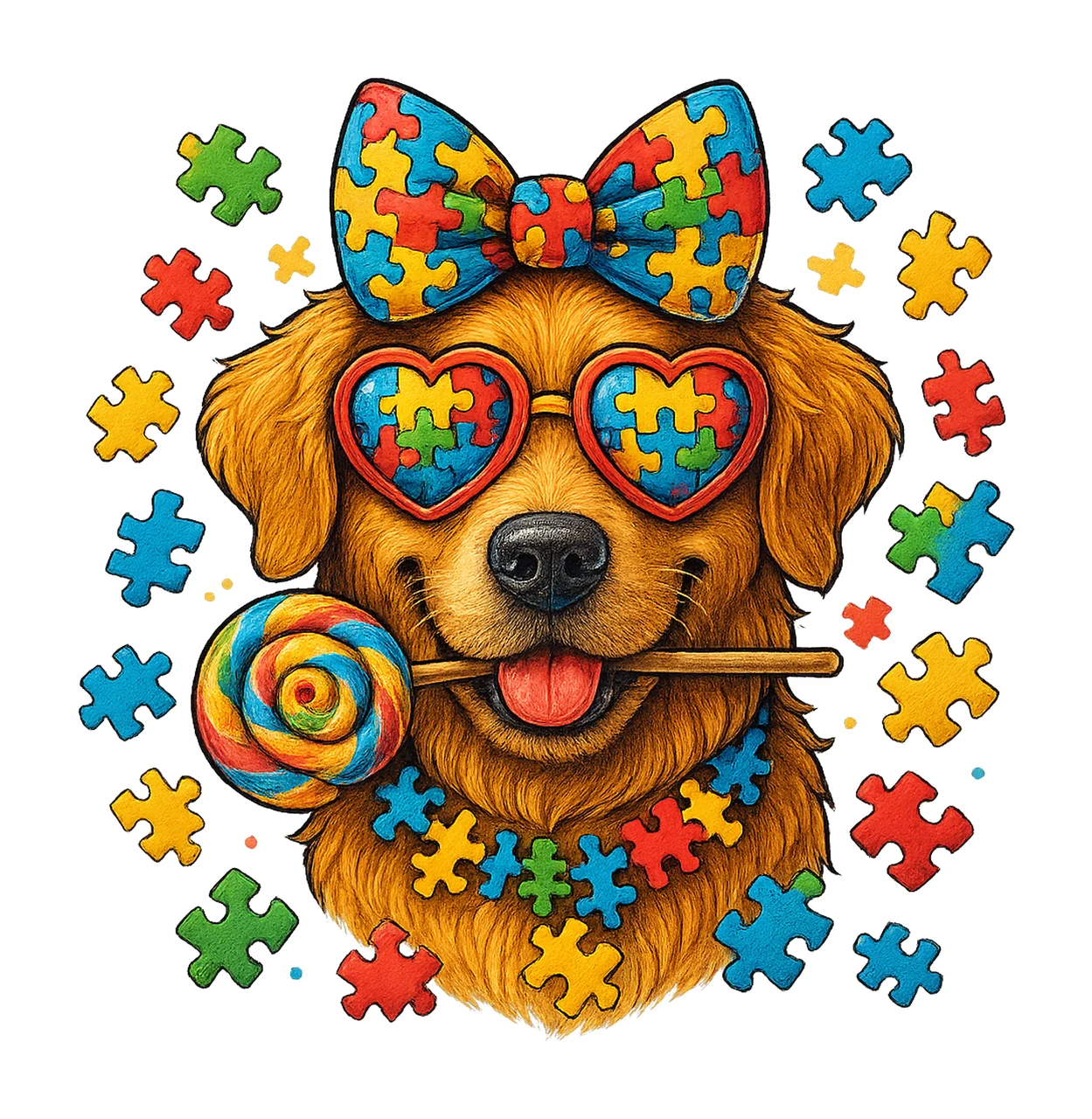 Dog With Lollipop And Puzzle Pieces bow glasses colorful