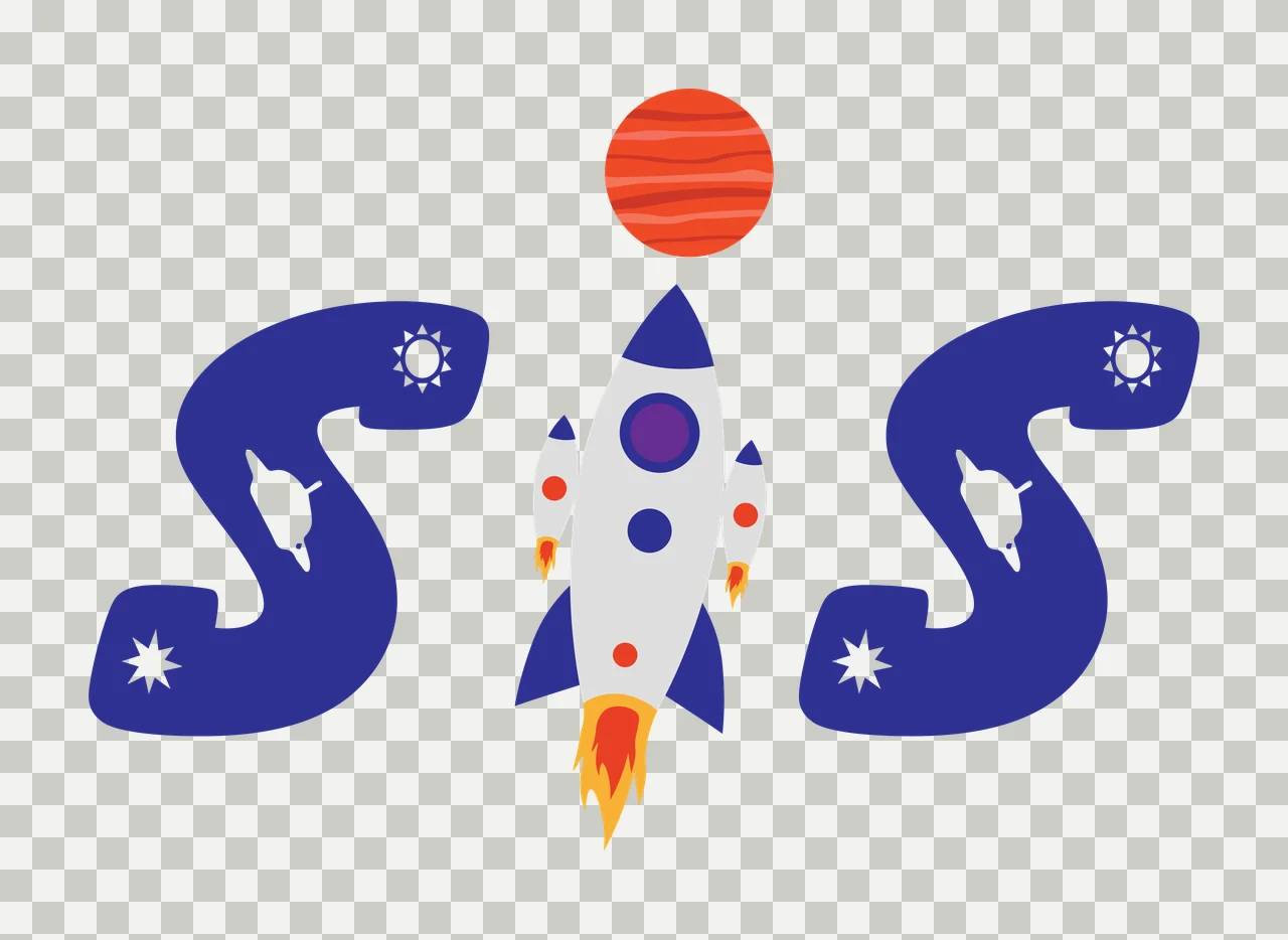 SIS Typography Design with blue letter S, rocket ship, red planet and stars in orange transparency and detail preview thumbnail