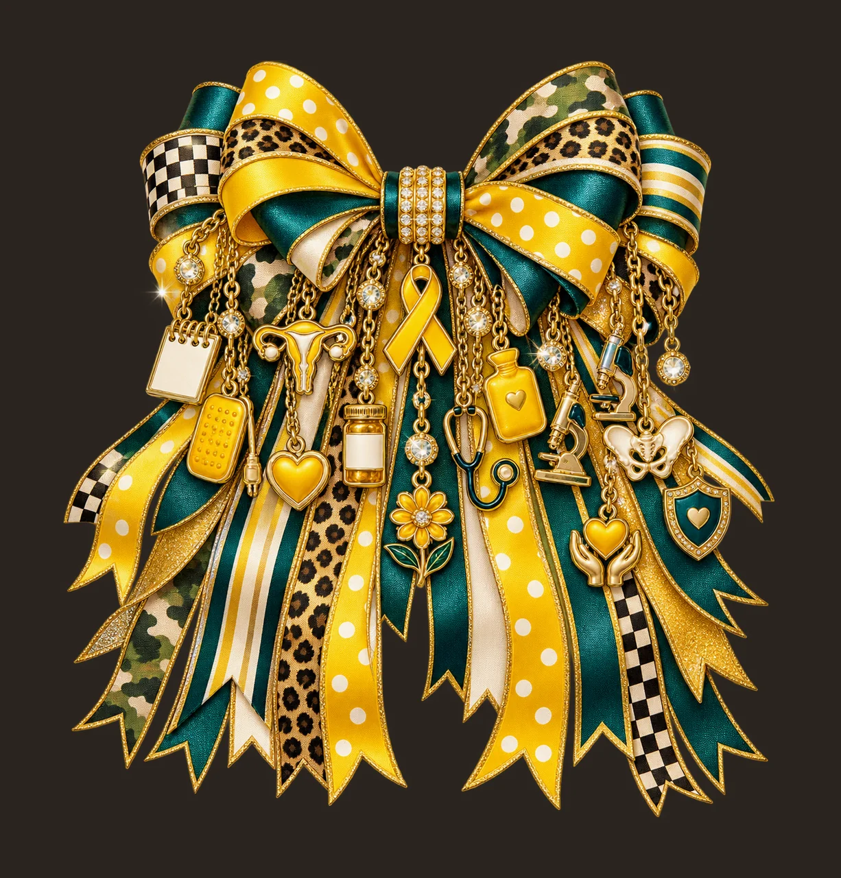 Endometriosis Awareness Bow Charm PNG, Themed Gold Chain Charms, Coquette Ribbon Sublimation Design, Transparent Digital Download contrast preview thumbnail
