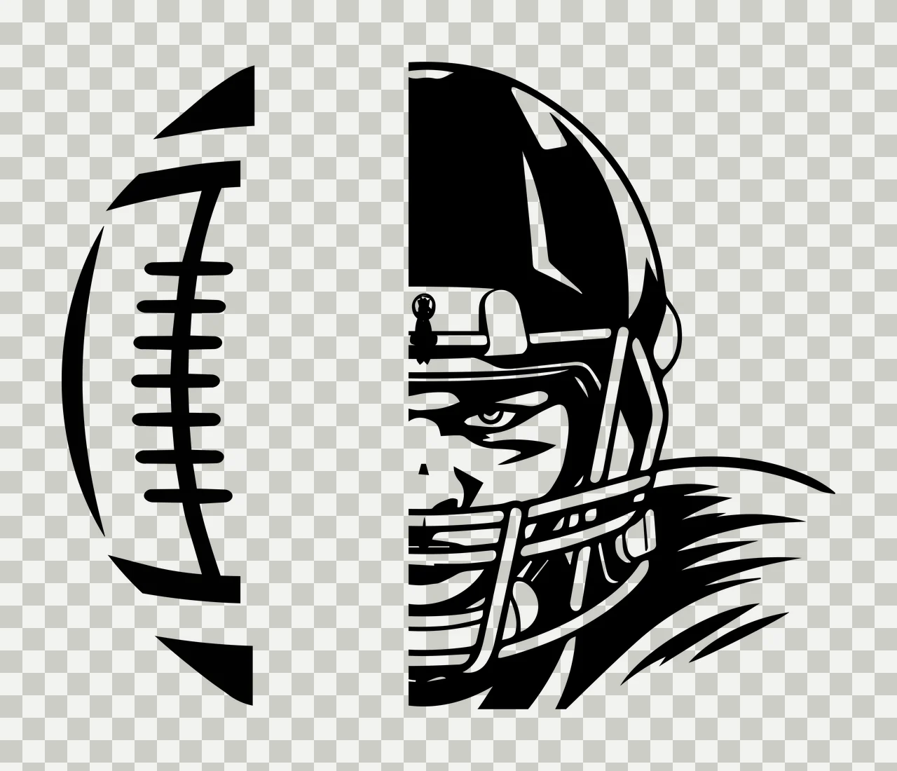 Split Football And Helmet Graphic Illustration face black white transparency and detail preview thumbnail