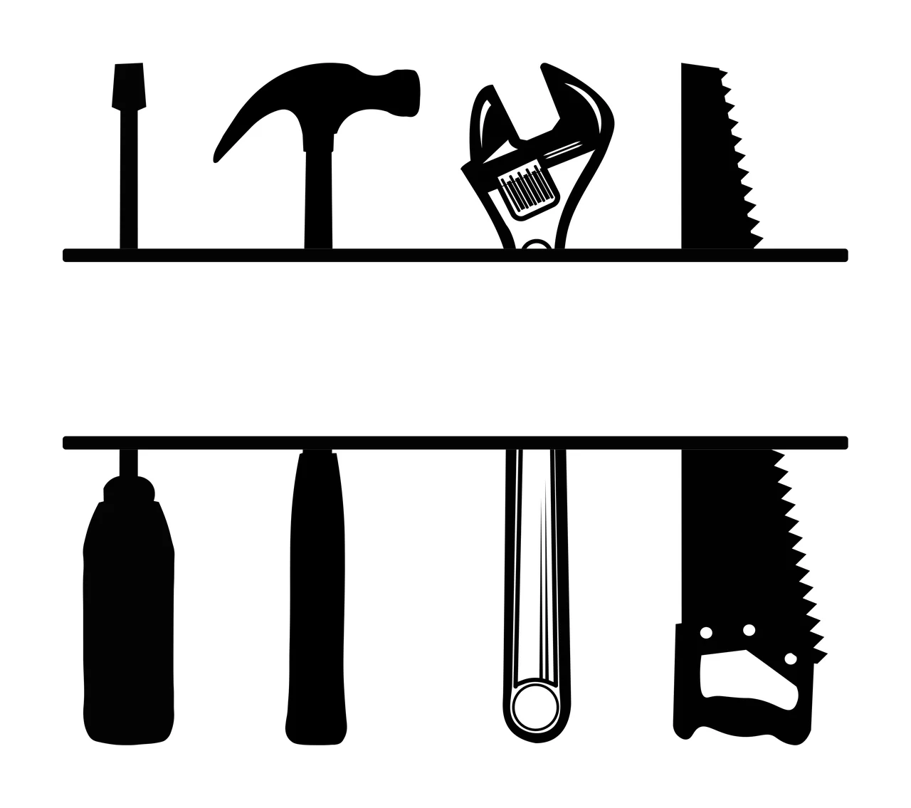 Silhouette Design of hand tools split monogram frame with screwdriver, claw hammer, adjustable wrench and hand saw in black and white