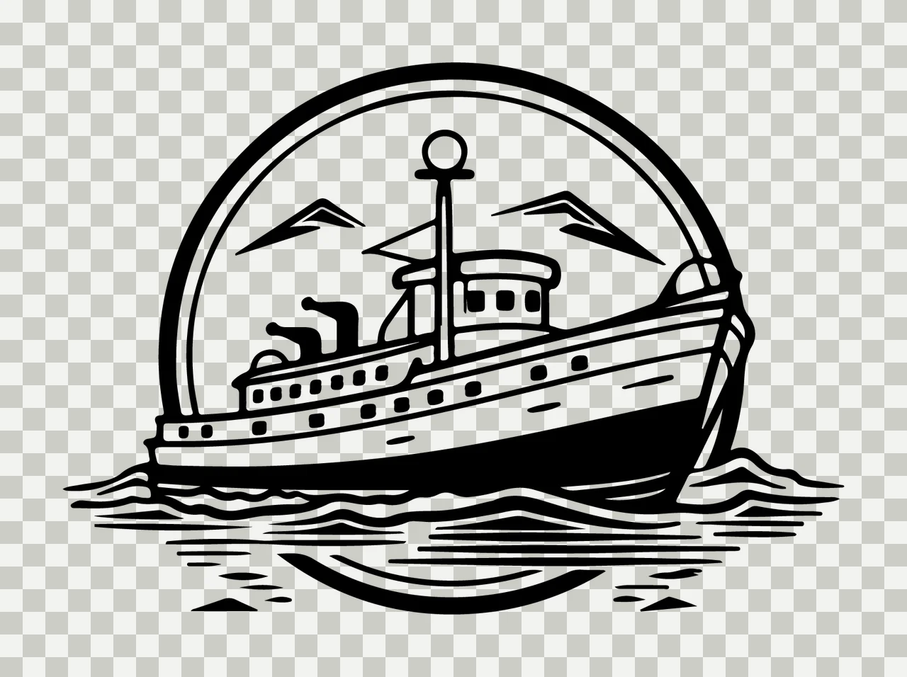Ship Silhouette In Circular Frame sailing water waves mountains transparency and detail preview thumbnail