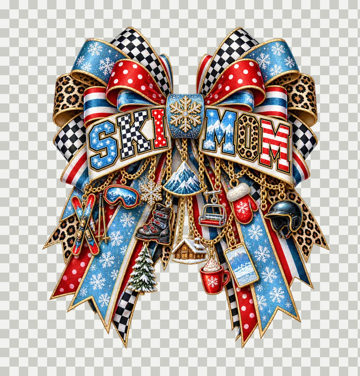 Ski Mom Bow Charm PNG, Patterned Varsity Mom Ribbon Clipart, Transparent Sublimation Digital Download transparency and detail preview thumbnail
