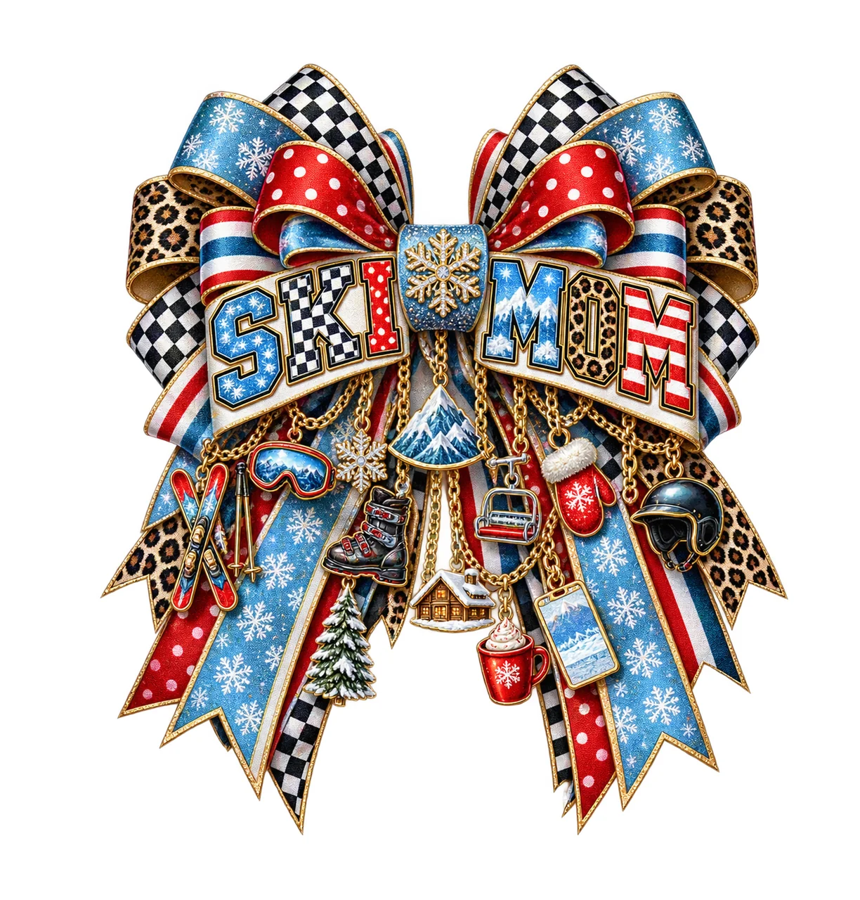 Ski Mom Bow Charm PNG, Patterned Varsity Mom Ribbon Clipart, Transparent Sublimation Digital Download