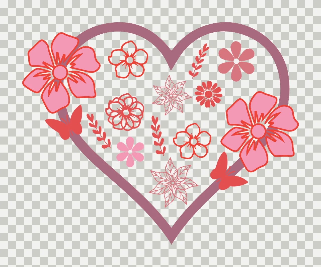 Floral heart motif Illustration with heart outline, pink flowers, red outlined flowers and butterflies in dusty rose transparency and detail preview thumbnail