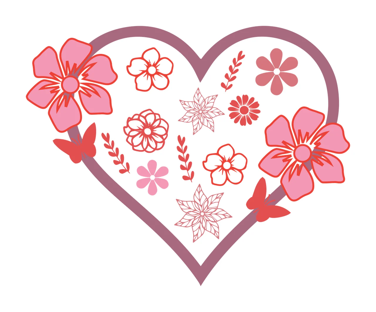 Floral heart motif Illustration with heart outline, pink flowers, red outlined flowers and butterflies in dusty rose