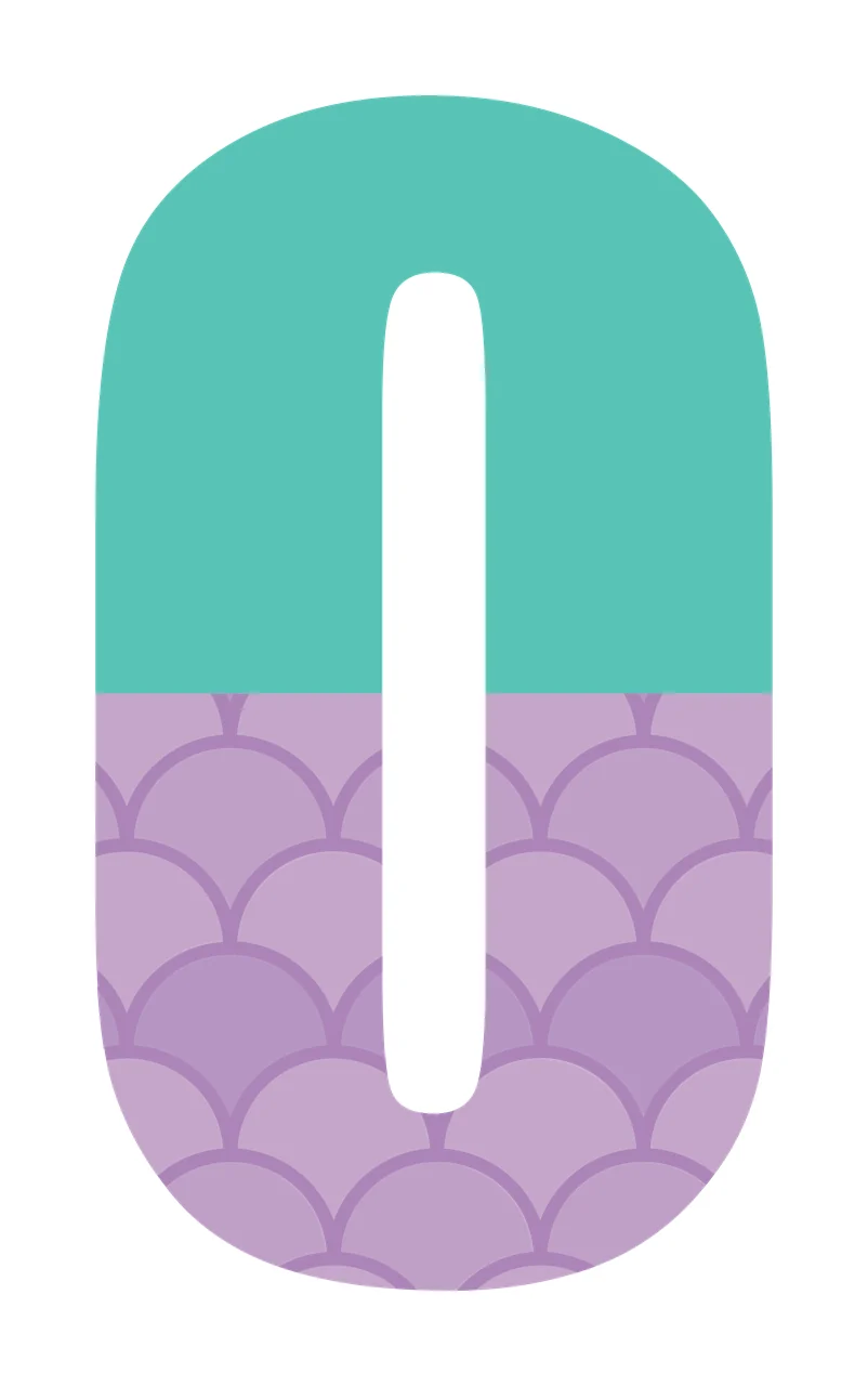 0 zero Number Design with teal upper block, purple scalloped scale pattern and white central slot in lavender purple