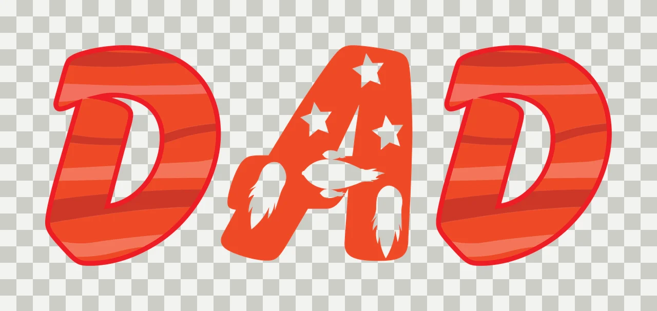 DAD Typography Design with letter D, striped pattern, stars and symbols in red, orange and white transparency and detail preview thumbnail