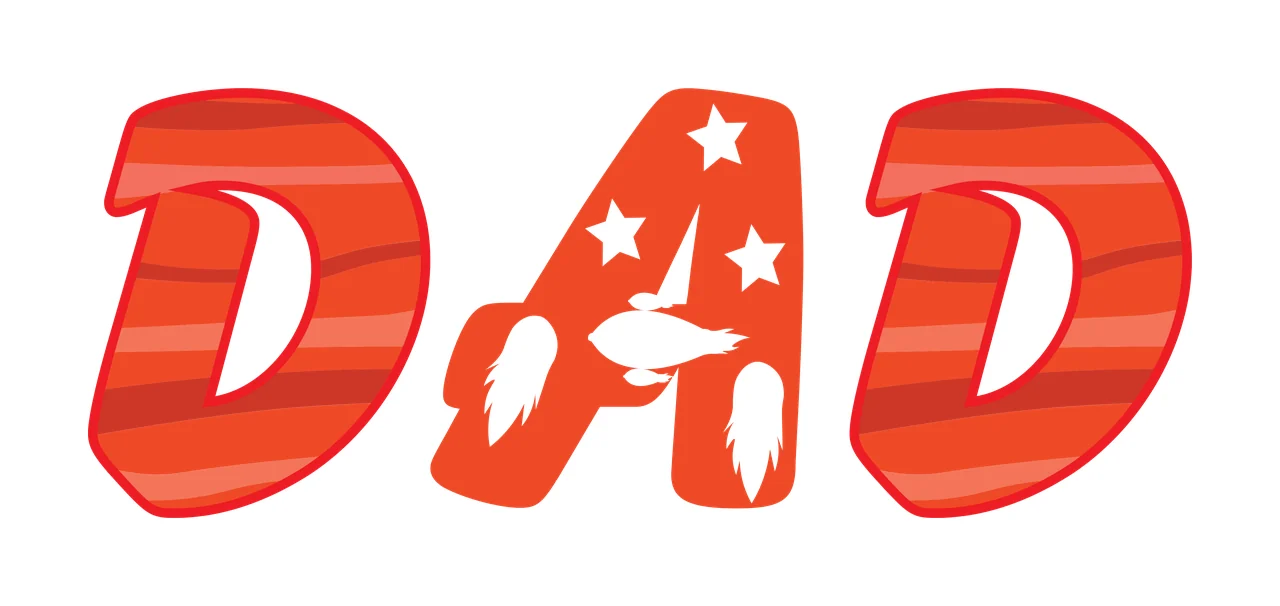 DAD Typography Design with letter D, striped pattern, stars and symbols in red, orange and white