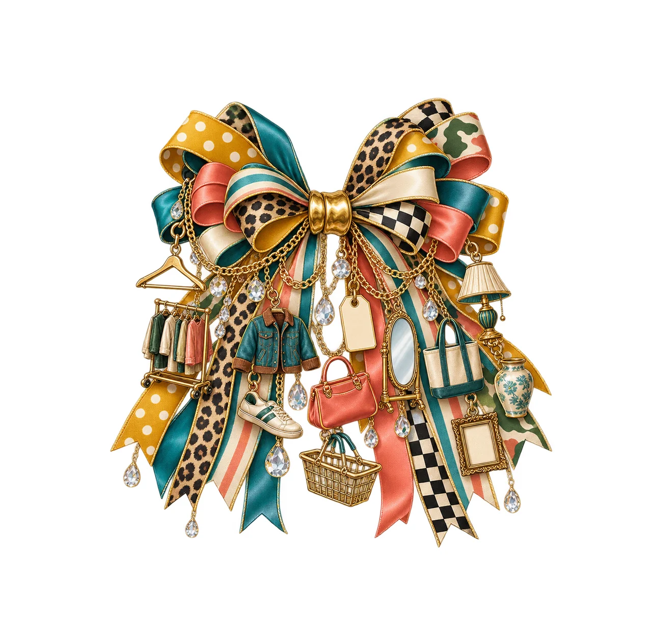 Thrift Shopping Lover Bow Charm PNG, Gold Chain Charms, Transparent Sublimation Design, Digital Download