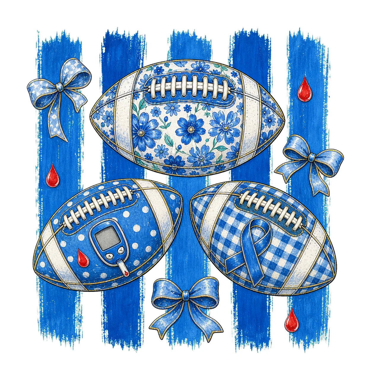 Diabetes Awareness Football Blue Floral Ribbon Variation B