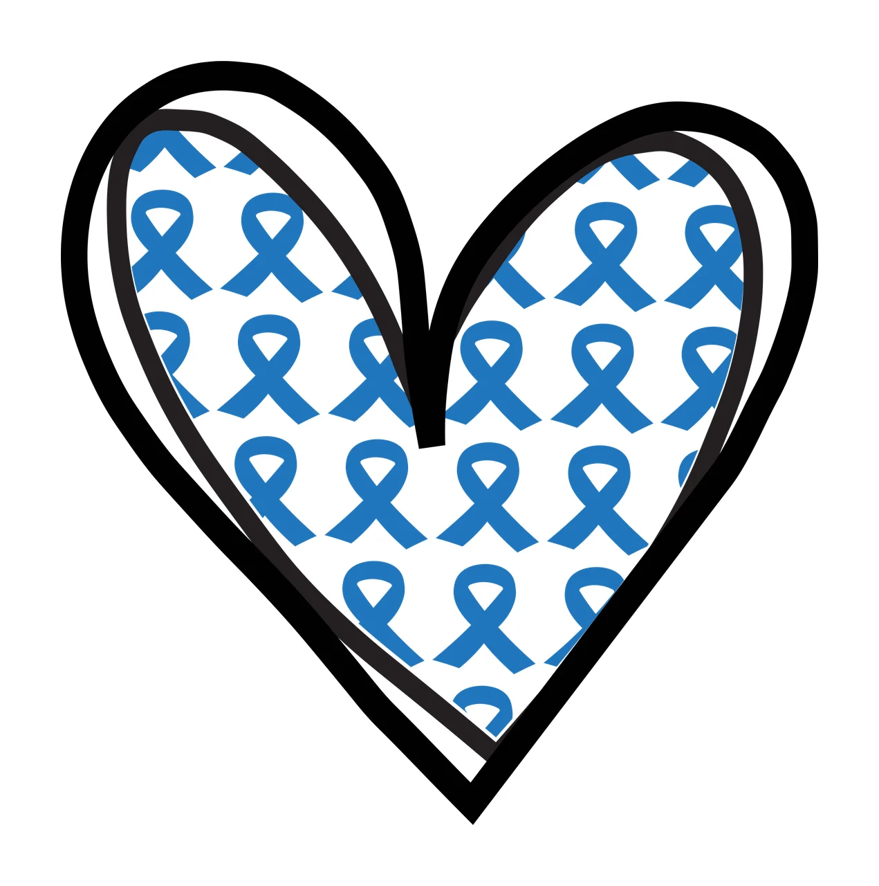 Heart-shaped design with blue awareness ribbons pattern with black heart outline and white background