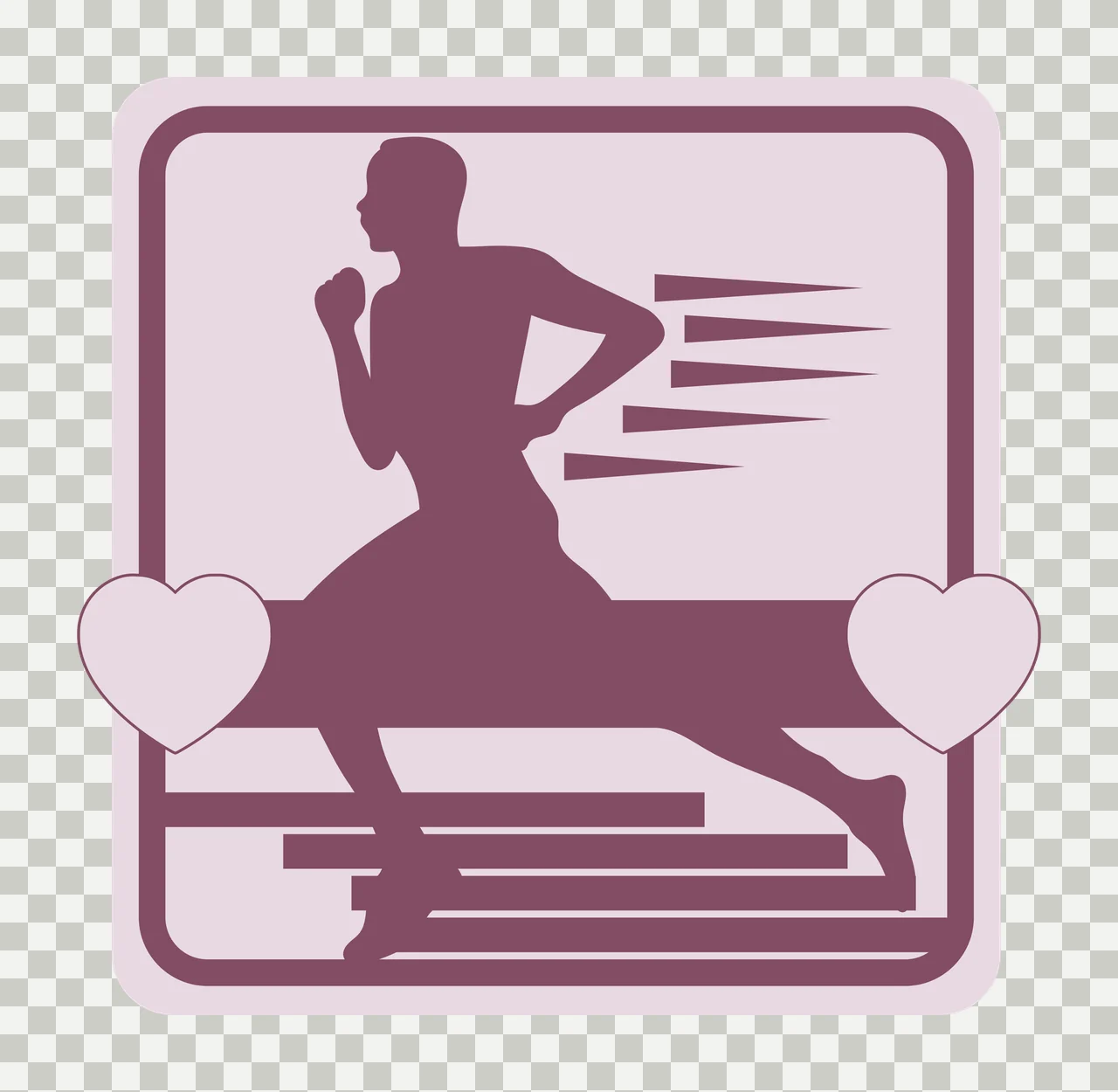 Running person silhouette Illustration with runner silhouette, motion lines, heart shapes and rounded square frame in purple, light pink and white transparency and detail preview thumbnail