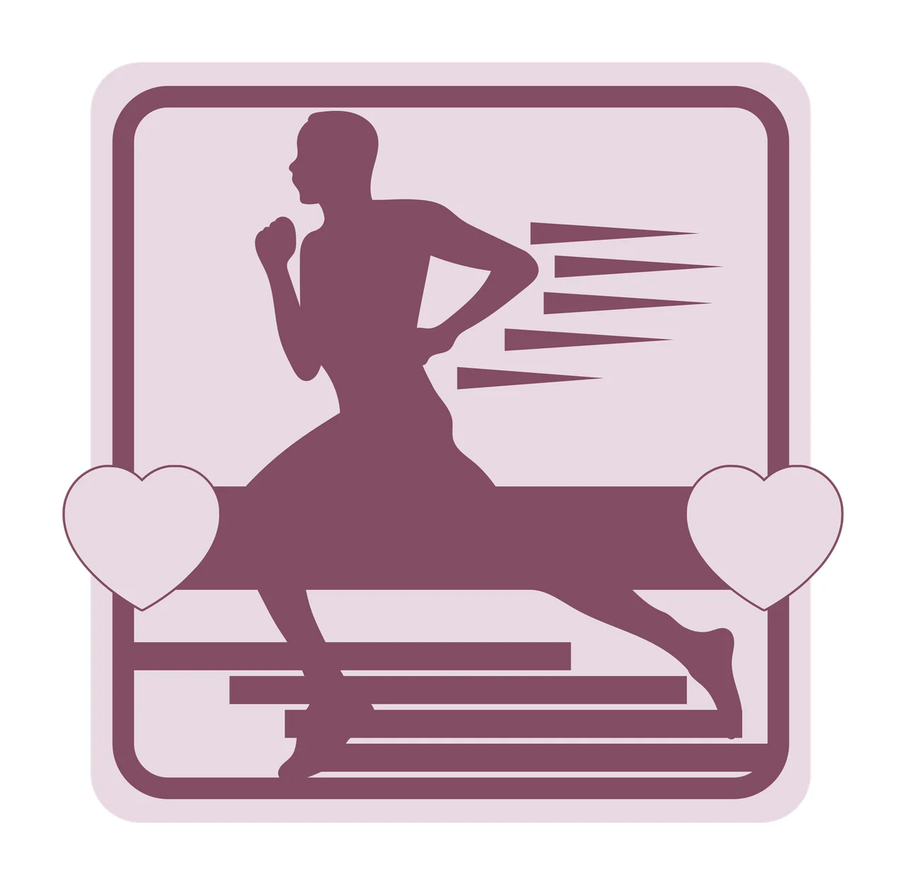 Running person silhouette Illustration with runner silhouette, motion lines, heart shapes and rounded square frame in purple, light pink and white