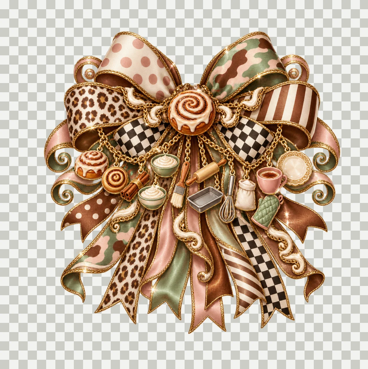 Cinnamon Roll Lover Bow Charm PNG, Themed Gold Chain Charms, Coquette Ribbon Sublimation Design, Transparent Digital Download transparency and detail preview thumbnail