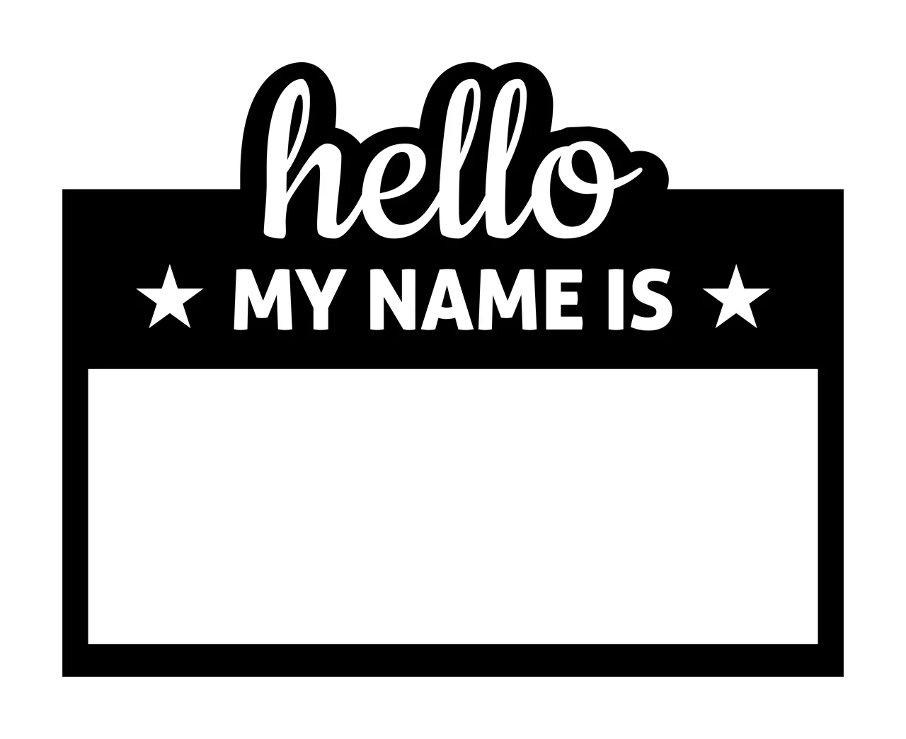 Hello MY NAME IS Name tag sticker Design with rectangle, script text, sans-serif text and star icons in black and white